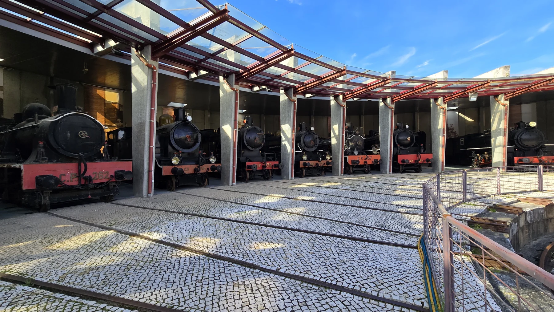 Steam locomotives in the museum's roundhouse, photographed in March 2024.